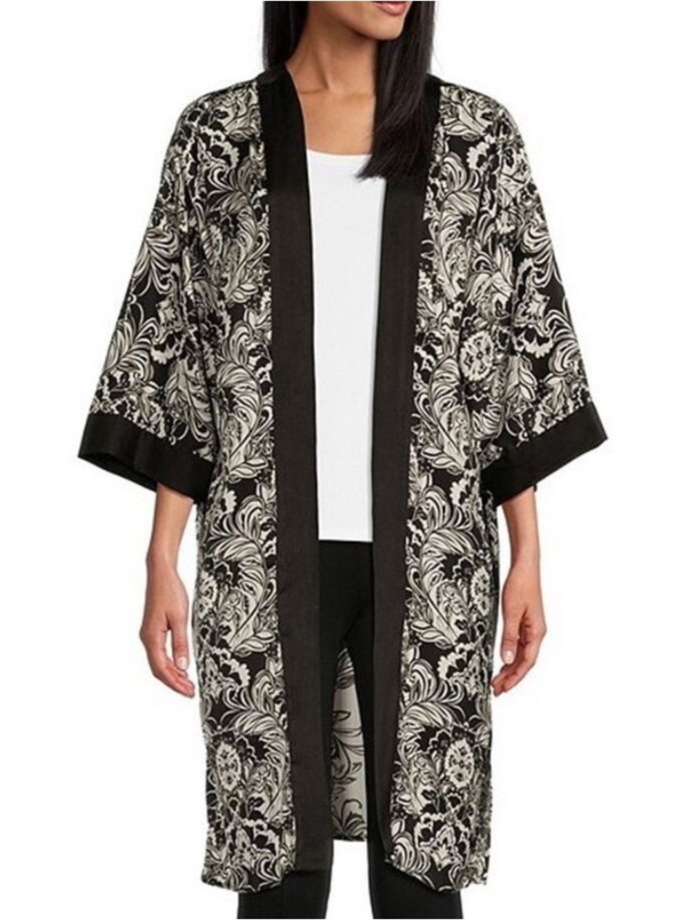 🎩🗝️NWT $89 Slim Factor by Investments Stylized Floral Print 3/4 Sleeve Kimono